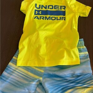 Under Armour Neon Yellow Logo Tee with Blue Swirl Swim Shorts